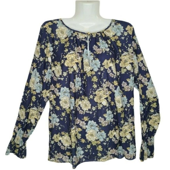 H&M Tops - H&M Women’s Floral Blouse Sz 8 Navy Blue Yellow Gold Silky Sheer Ruffle Sleeve